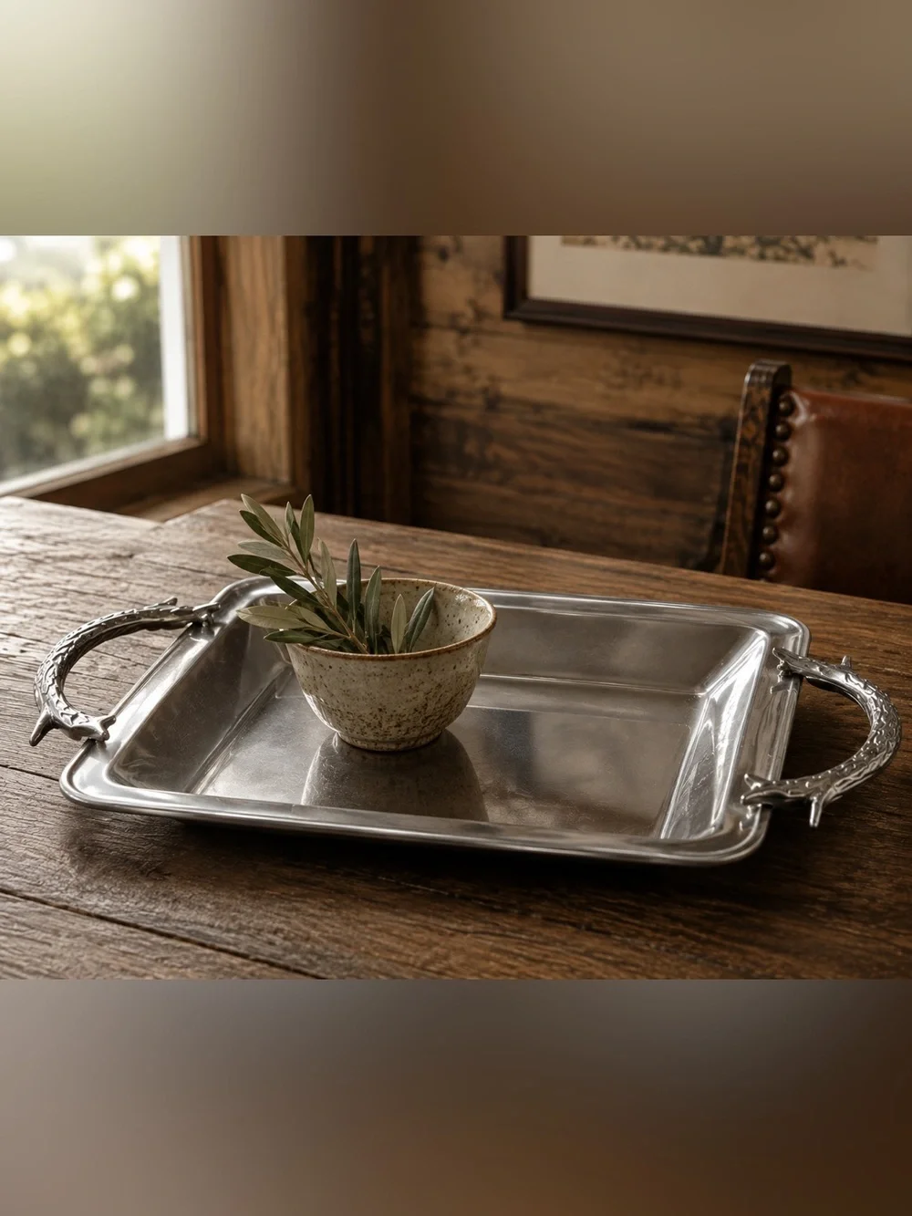 Sculptural Antler Handle Serving Tray Rustic Lodge Equestrian Style #06302610